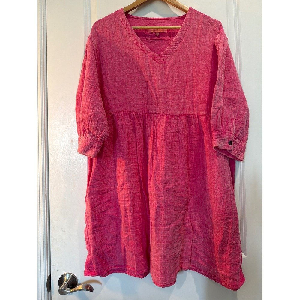 Simply Southern Pink Cotton Gauze Babydoll Dress V-Neck Puff Sleeve Size Large